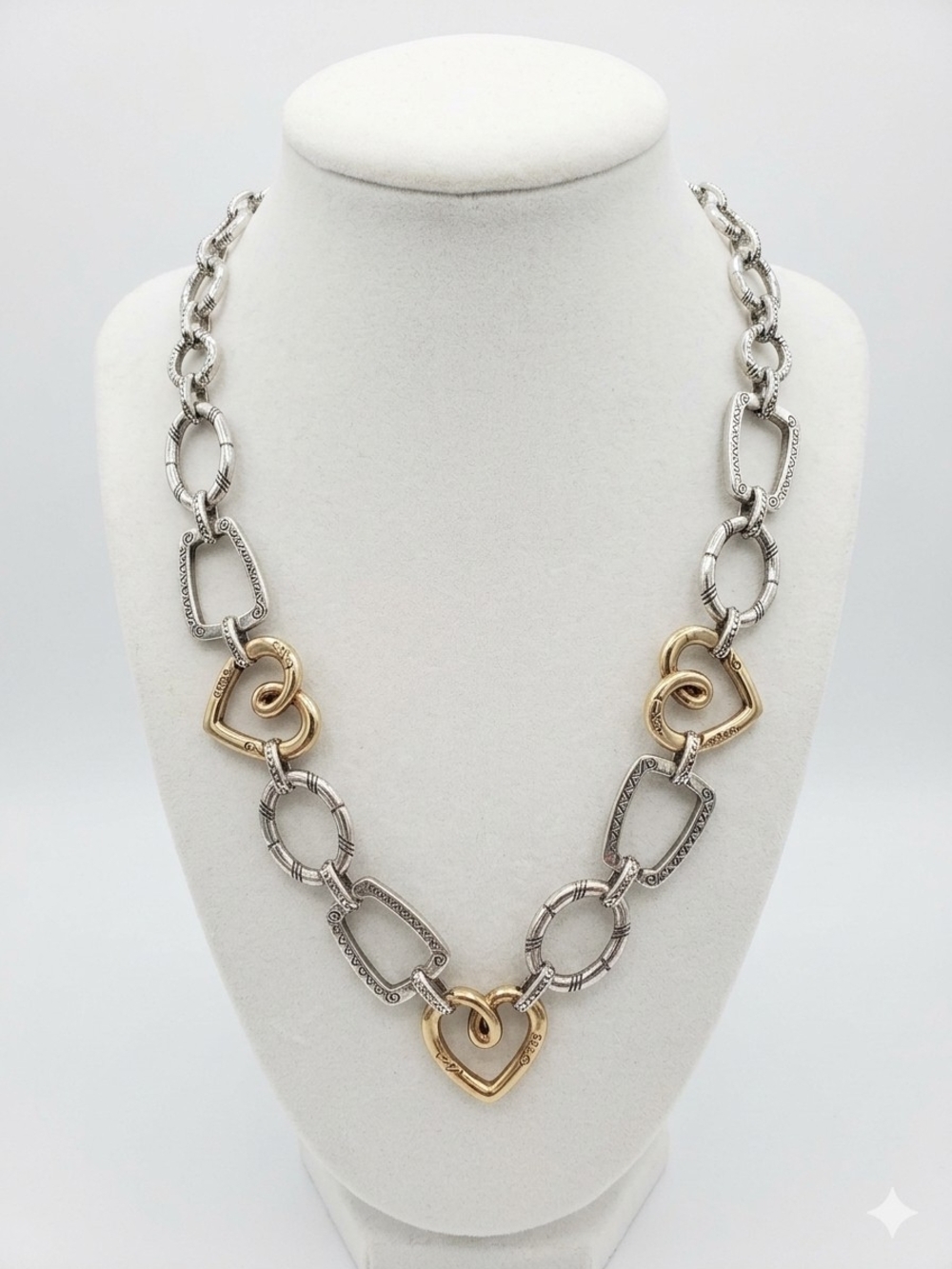Brighton Al Fresco Two Tone Vintage Heart Link Necklace - EUC + Bag